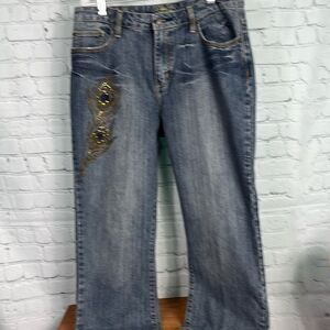 Lena jeans, cropped, peacock feather with embellishments on right thigh 12